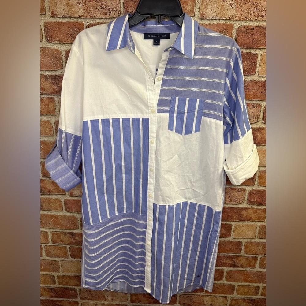 Patchwork button down 100% cotton Shirt-Dress Blue by Tommy Hilfiger sz4